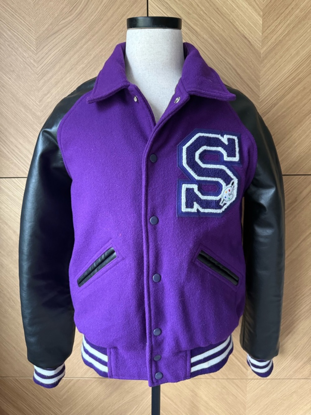 Purple Wool Varsity Jacket with Black Leather Sleeves